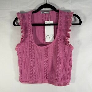 Zara Knit Sweater NWT Size L Ruffle Trim Cable‎ Knit Sleeveless Top Pink